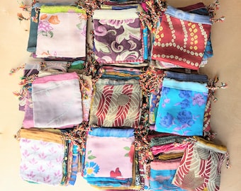 100 Indian Sari Fabric Pouches | Recycled Polyester Drawstring Bags | Eco-Friendly Gift Bags, Jewelry Pouches, Wedding Favors, Treat Bags