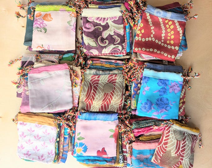 100 Recycled Sari Fabric Pouches | Assorted Vibrant Colors, Drawstring Bags