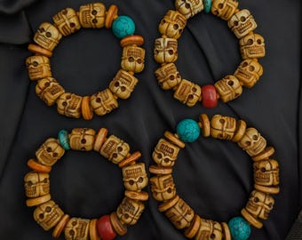3-Skull Bracelet: Three-Faced Rare Yak Bone Skull, Tibetan rare vintage Yak bone hand Carved Skull beads (P7-71)