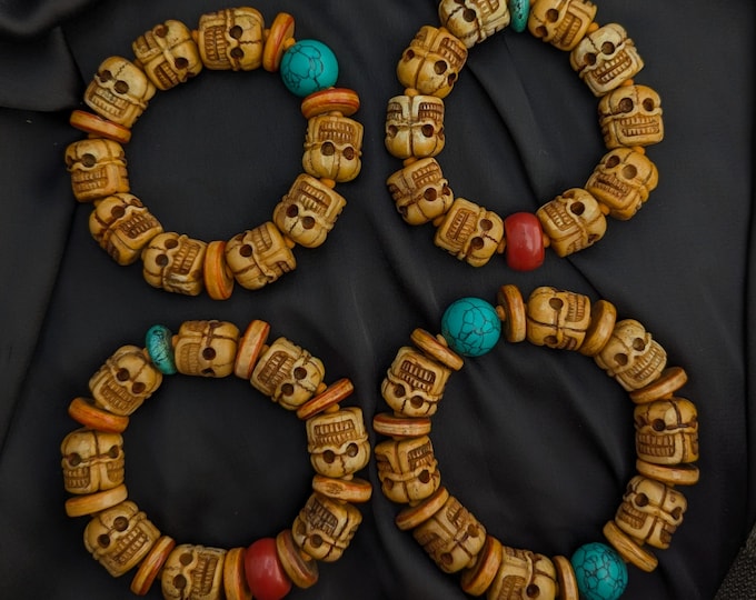 Tibetan Yak Bone Skull Bracelet: Hand Carved Vintage Prayer Mala Beads