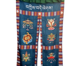 Tibetan Door Curtain: Silk Auspicious Symbols, Buddhist Decor (3x6 ft)