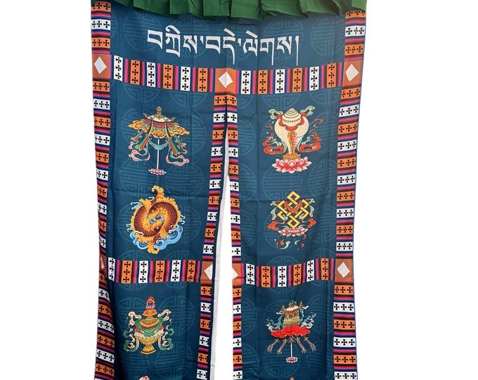 Tibetan Door Curtain: Silk Auspicious Symbols, Buddhist Decor (3x6 ft)
