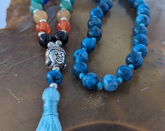 Chrysocolla 7 Chakra Mala: Knotted Meditation Beads