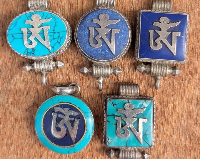 Vintage Tibetan Buddhist sterling silver Om pendant with Turquoise and Lapis Lazuli collection (p7-071)
