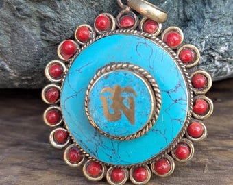 Tibetan Ethnic Om Brass with Turquoise medallion pendant  (p6-028)