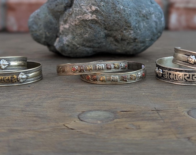 Vintage Tibetan Cuff Bracelet with Sanskrit Mantra Engraved - Boho Spiritual Jewelry - Handcrafted Antique Brass Cuff (CB-120)