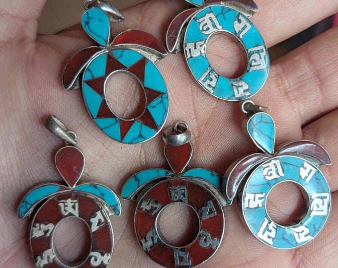 Tibetan handmade turquoise and coral silver om mani padme hum pendant collection (p7-001)