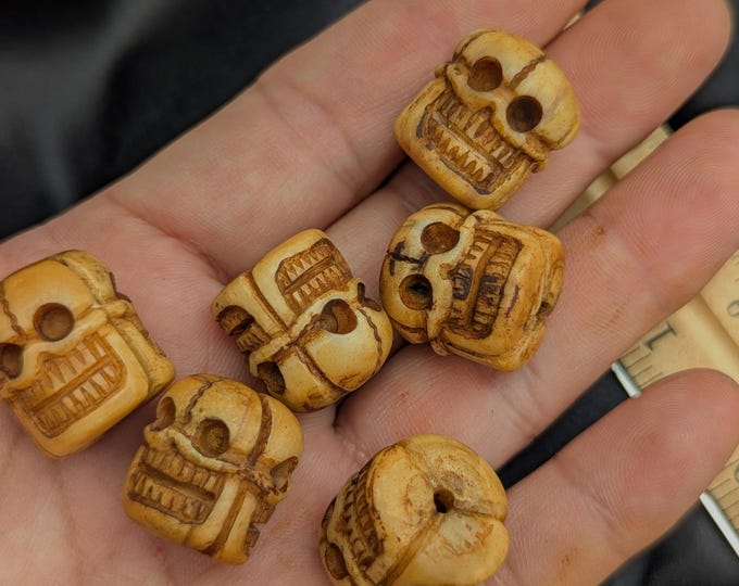 Tibetan Hand Carved Yak Bone Skull Beads, Vintage Three-Faced Meditation Mala Bangle