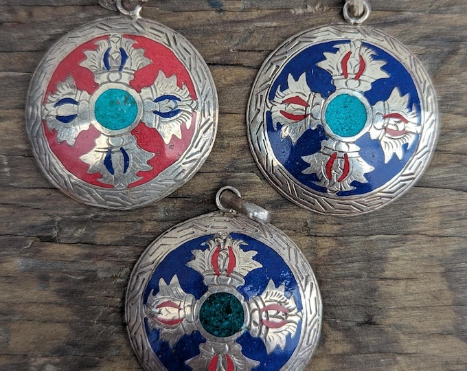 Unique Handmade Tibetan Dorjee pendant with turquoise, Coral and Lapis Lazuli inlaid (p7-043)