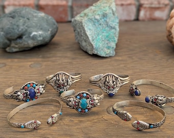 Vintage Tibetan Dragon Cuff Bracelet: Turquoise & Lapis Lazuli