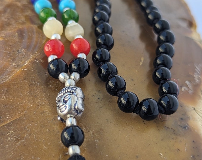 black onyx with 7 Chakra stone/ black onyx mala/ Knotted black onyx Bead Meditation Mala, 108 Beads black onyx Crystal mala
