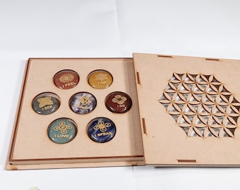 Engraved Palm stone 7 Chakra Set with a Wood Box, Mindful Meditation Engraved 7 Crystal Box Set,