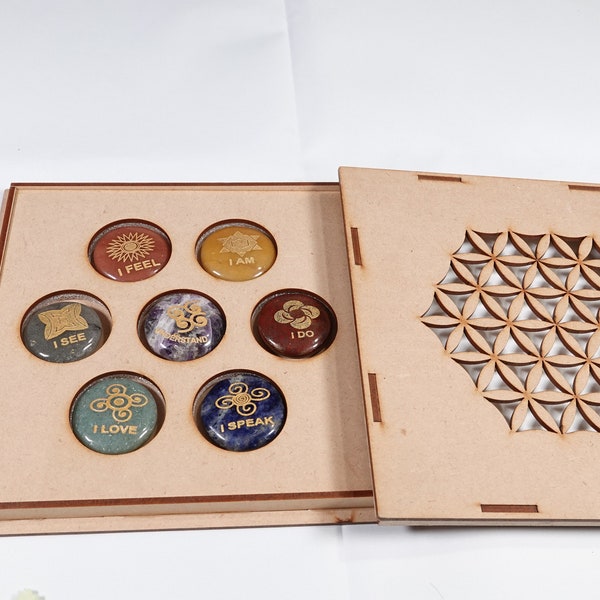 Engraved Palm stone 7 Chakra Set with a Wood Box, Mindful Meditation Engraved 7 Crystal Box Set,