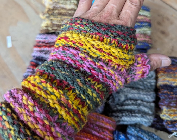 Handmade woolen knit fleece lined multi color unisex fingerless gloves