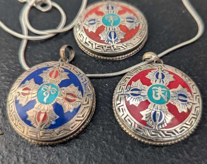 Sterling Silver Buddha's Wisdom Eye & Dorjee Pendant with Turquoise, Lapis Lazuli, and Coral Inlay (p7-044)