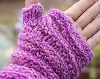 Handmade woolen knit fleece lined multi color unisex fingerless gloves