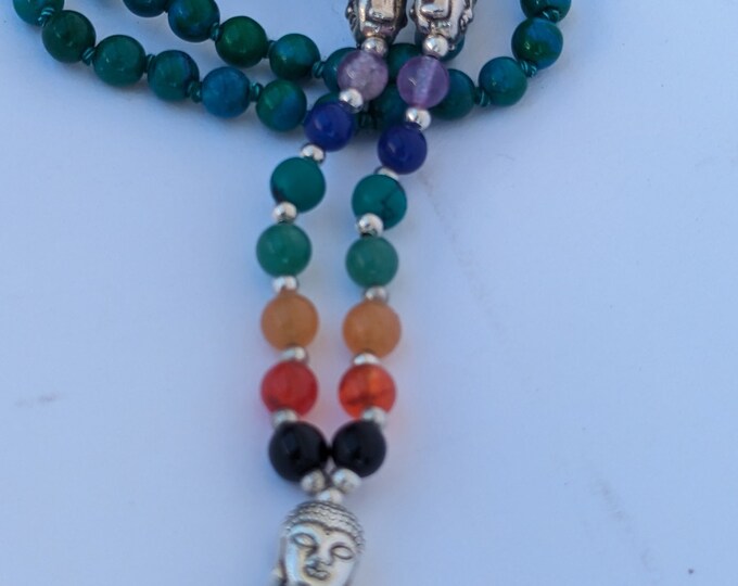 Chrysocolla and 7 Chakra stone Knotted/ Chrysocolla mala/ chrysocolla Bead Meditation Mala, 108 Beads