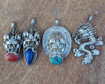 Stunning Tibetan Dragon Ethnic pendant collection featuring Lapis lazuli, Coral and Turquoise Gemstones (p7-064)