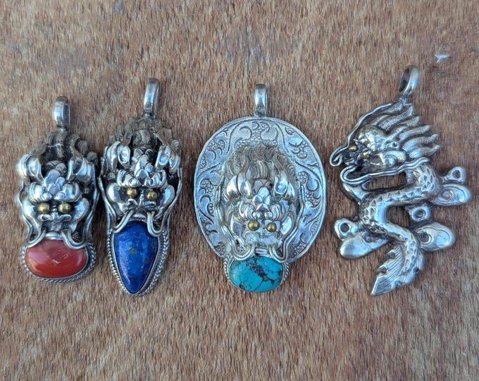 Stunning Tibetan Dragon Ethnic pendant collection featuring Lapis lazuli, Coral and Turquoise Gemstones (p7-064)