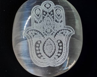 Selenite Hamsa Palm Stone 7 cm  with Engraved| Crystals Charging | Crystals Lover |