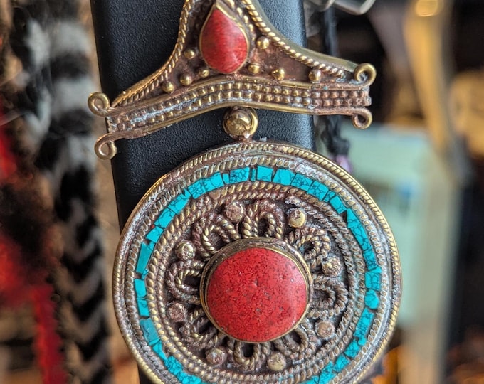 Unique Tibetan Vintage Coral and Turquoise Inlaid Pendant—Ethnic Jewelry Design (p6 / 004)