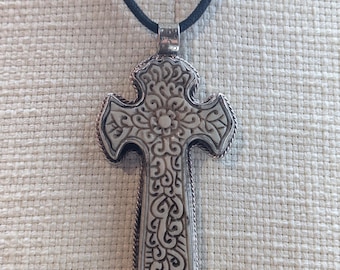 Hand Carved Bone Cross Pendant, Tibetan Inspired Spiritual Necklace