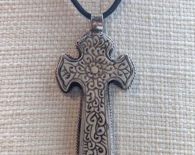 Hand Carved Bone Cross Pendant, Tibetan Inspired Spiritual Necklace