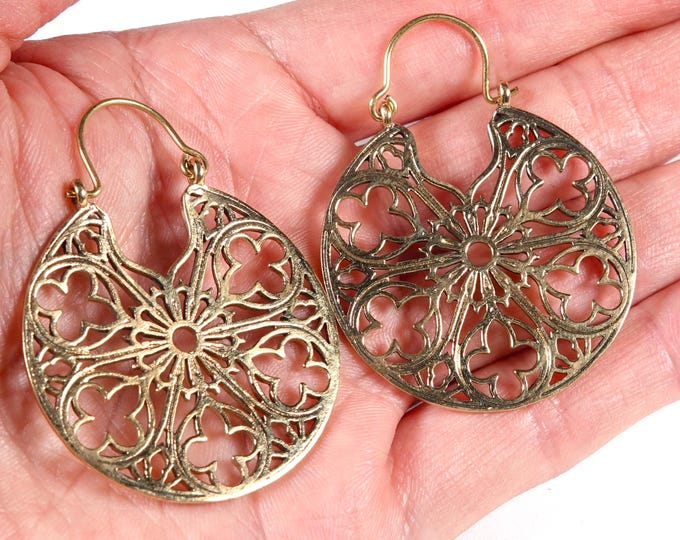Boho Mandala Brass Earrings, Bohemian Statement Jewelry