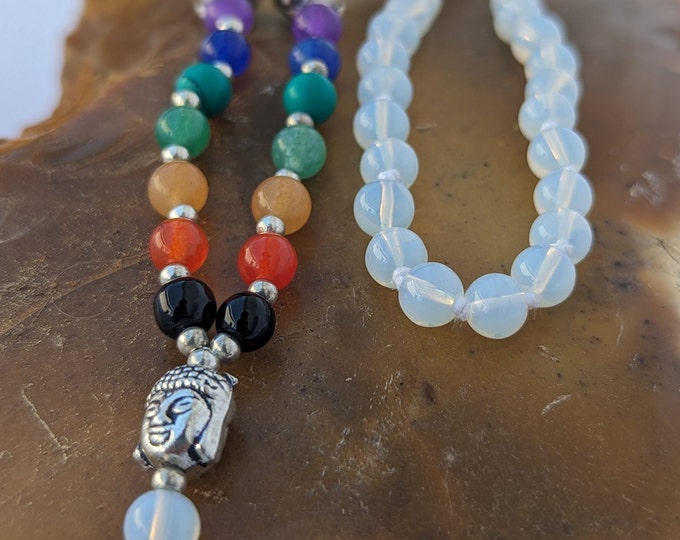 Milky quartz with 7Chakra stone/ Milky quartz mala/ Knotted Milky quartz Bead Meditation Mala, 108 Beads Milky quartz Crystal mala