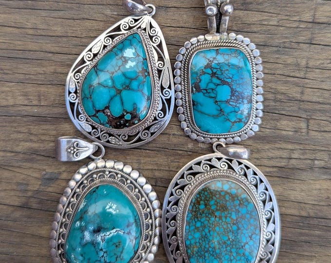 Vintage Sterling Silver Tibetan Medallion Pendant Collection with Turquoise Gemstone (p7-023)