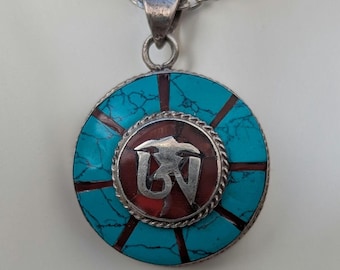 Vintage Turquoise & Coral Silver Pendant: Om Mani Padme Hum Medallion