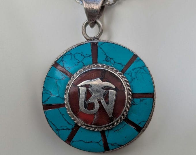 Vintage Turquoise and Red coral inlaid silver om mani padme hum medallion pendant collection (p7-008)