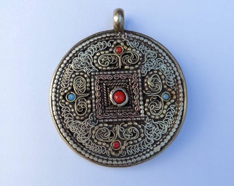 Tibetan Dorjee Mandala Pendant: Brass Copper Filigree with Coral