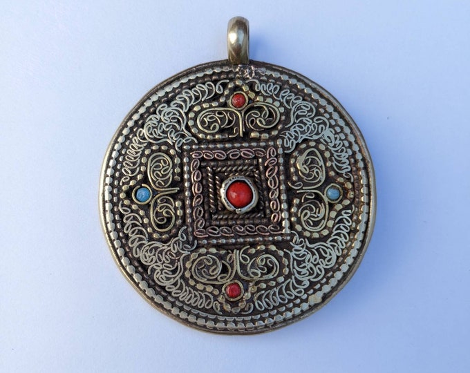Double sided Tibetan Dorjee and Mandala filigree circles brass copper pendant with coral and torquiest