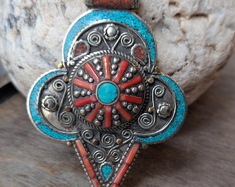 Vintage Unique Tibetan Pendant with Turquoise & Coral Inlays - Ethnic Jewelry Design (p6-003)