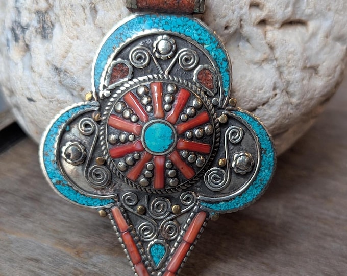 Vintage Unique Tibetan Pendant with Turquoise & Coral Inlays - Ethnic Jewelry Design (p6-003)