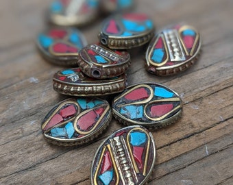 Handcrafted Rice Bean Beads: Ethnic Brass with Turquoise Coral Inlays