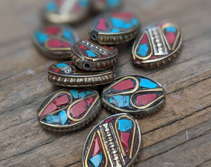 Handcraft 10 Beads - Rice bean shape ethnic Himalayan bead with circles design brass turquoise coral inlays