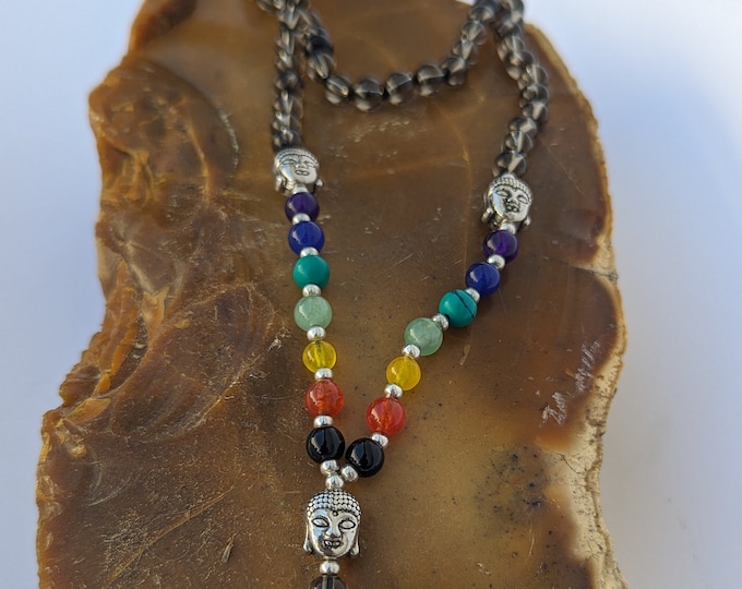 Smoky Quartz with 7Chakra stone/ Smoky Quartz mala/ Knotted Smoky Quartz Bead Meditation Mala, 108 Beads Smoky Quartz Crystal mala