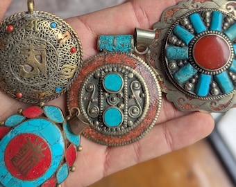 Filigree Vintage Tibetan Turquoise pendant Collection with coral inlay (p6-012)