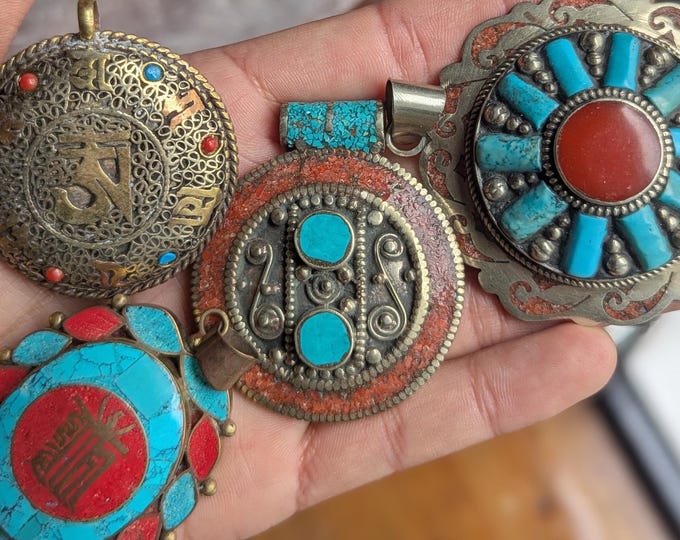 Filigree Vintage Tibetan Turquoise pendant Collection with coral inlay (p6-012)