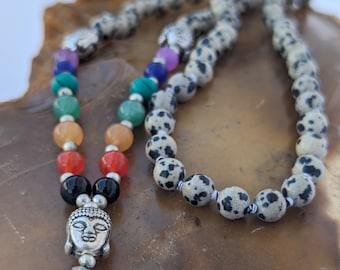 Dalmatian jasper with 7 Chakra stone/ Dalmatian jasper mala/ Dalmatian jasper Meditation Mala knotted, 108 Beads beaded mala / jasper mala