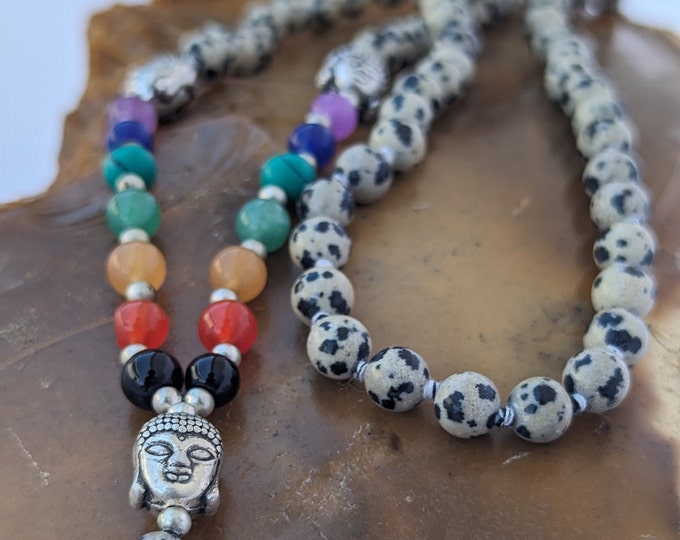 Dalmatian jasper with 7 Chakra stone/ Dalmatian jasper mala/ Dalmatian jasper Meditation Mala knotted, 108 Beads beaded mala / jasper mala