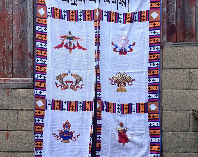 Tibetan Door Curtain: Silk Auspicious Symbols, Buddhist Decor (3x6 ft)