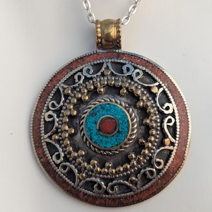 Handmade Tibetan Vintage brass amulet pendant with turquoise and coral stones (p6-035)