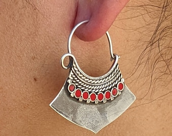 Handmade White Brass Boho Dangle Earrings: Ethnic Gemstone Jewelry