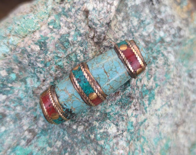 Handcraft 1 Beads a cylinder-shaped ethnic Himalayan bead with circles design brass turquoise coral inlays