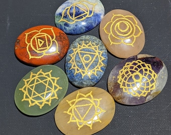 Reiki Chakra Stones Sets of 7 Chakra Stones with Engraved Chakra Symbols