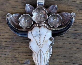 Hand-Carved Buffalo Bone Skull Pendant: Tibetan Silver Floral Bull Head FA03