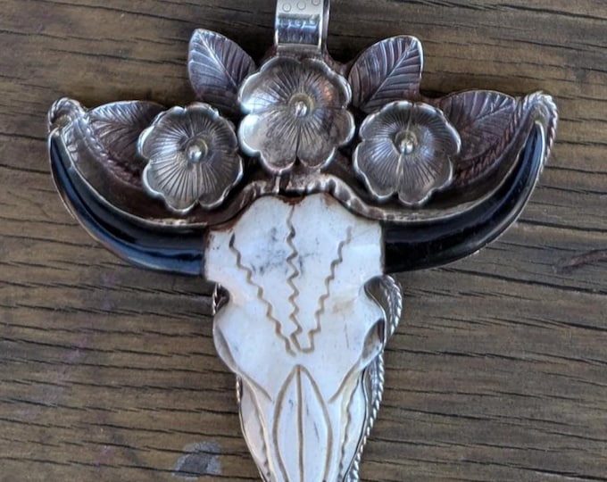 Hand-Carved Buffalo Bone Skull Pendant: Tibetan Silver Floral Bull Head FA03
